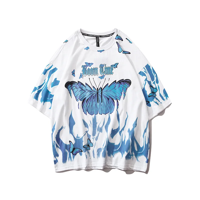 

Men's hip-hop t-shirt male ins tide brand men's street trend blue flame butterfly print half-sleeved T-shirt