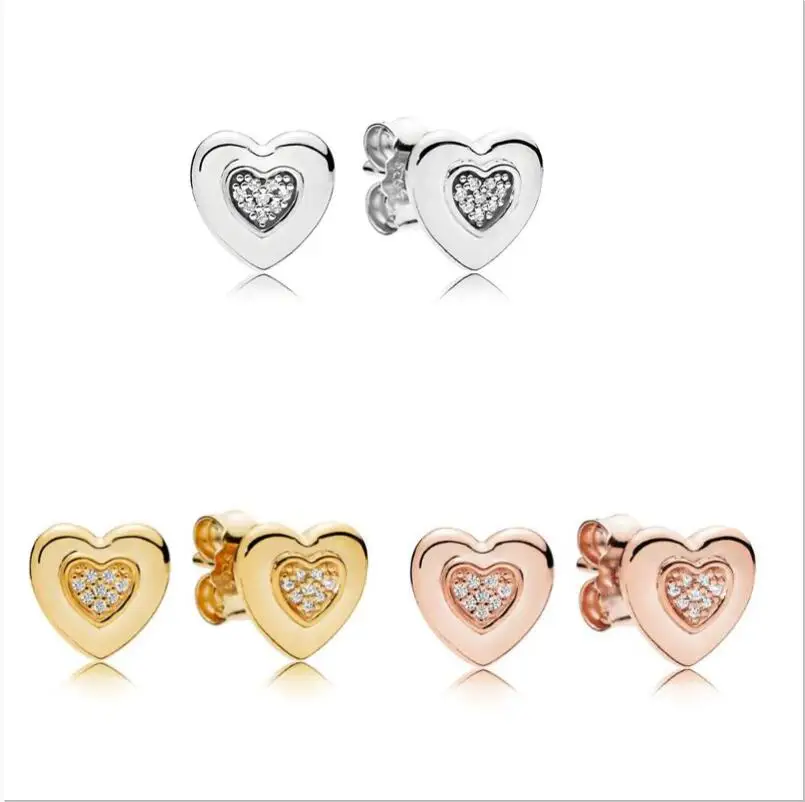 

925 Sterling Silver Gold Logo Heart Pan Earring With Crystal Stud Earring For Women Wedding Gift Fashion Jewelry