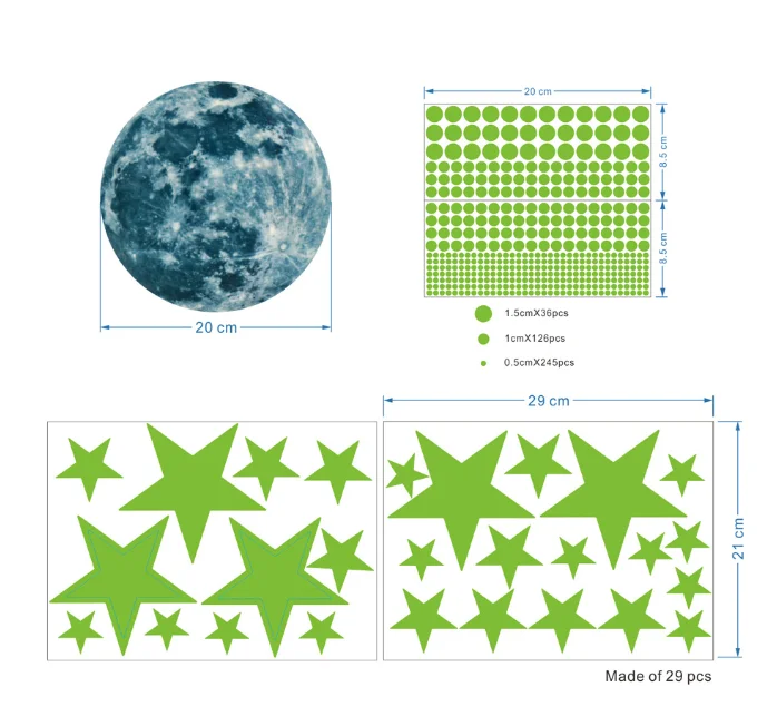 

20cm Moon Stars Dots Green Luminous Star Stickers Fluorescent Painting Toy Wall Sticker Children Room Ceiling Stairs Decoration