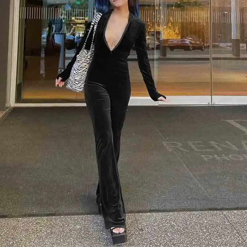 

Sexy V-neck Hooded Rompers Women's Jumpsuit Long Sleeve Zipper Straight Slim Jumpsuits Female 2021 Autumn Lady Party Romper