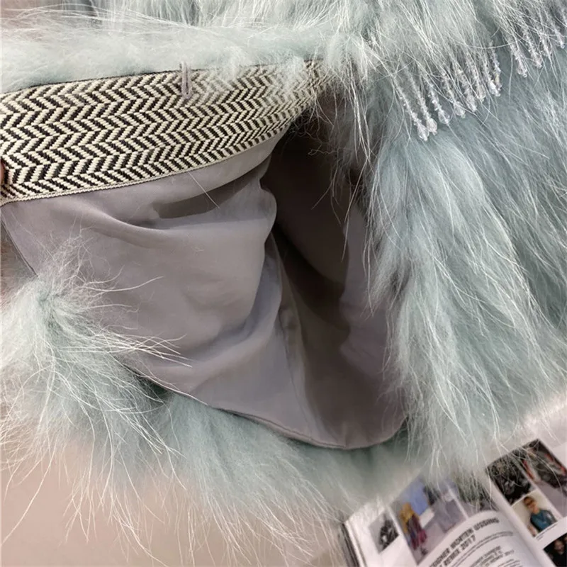 Winter Personality Beaded Fashion Women Real Fur Jacket Female White Raccoon Fur Strip Tassel Jacket