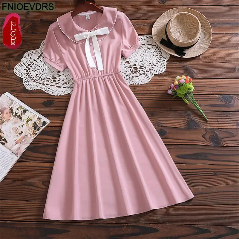

Women Casual Lady Chic Cute Korean Style Vintage Floral Printed Japanese Style Party Date Bow Midi Summer Pink Dress Vestido