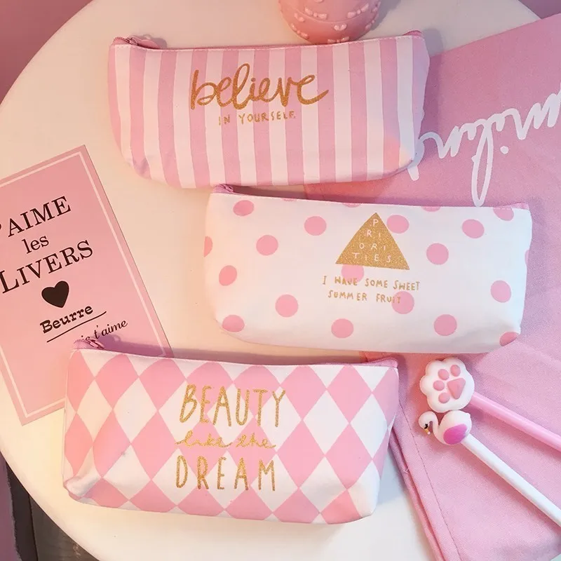 Свежий стиль розовый Kawaii Большой Ёмкость холст пенал школьные канцелярские