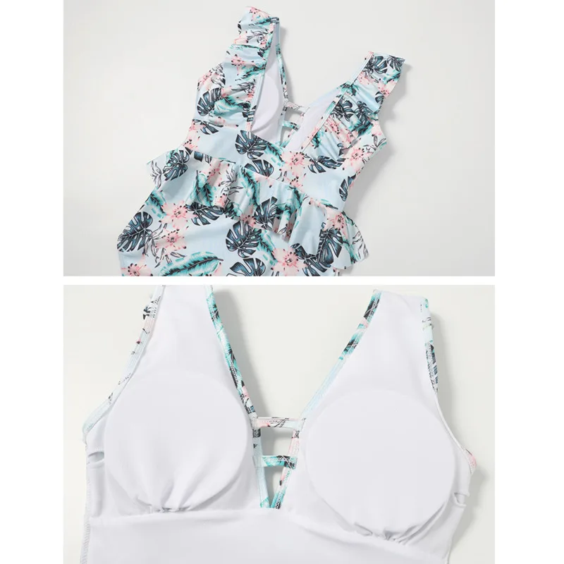 

Print Green Ruffled One-piece Swimsuit Women Sexy Plunging Ruched Monokini Swimwear 2021 New Girl V-neck Beach Bathing Suits