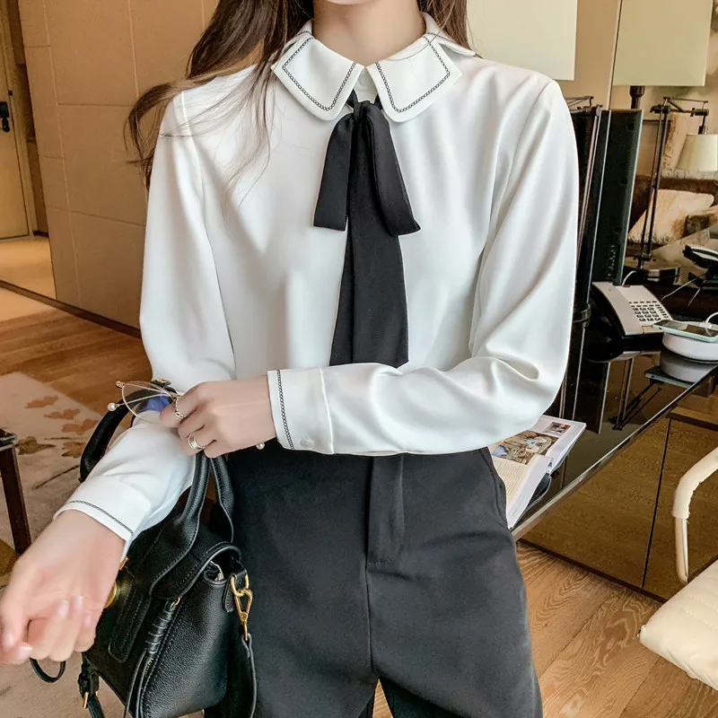 

COIGARSAM Shirt Womens Tops Autumn 2021 New Office Lady Brief Full Sleeve Chiffon Belt Straight White Women Shirts