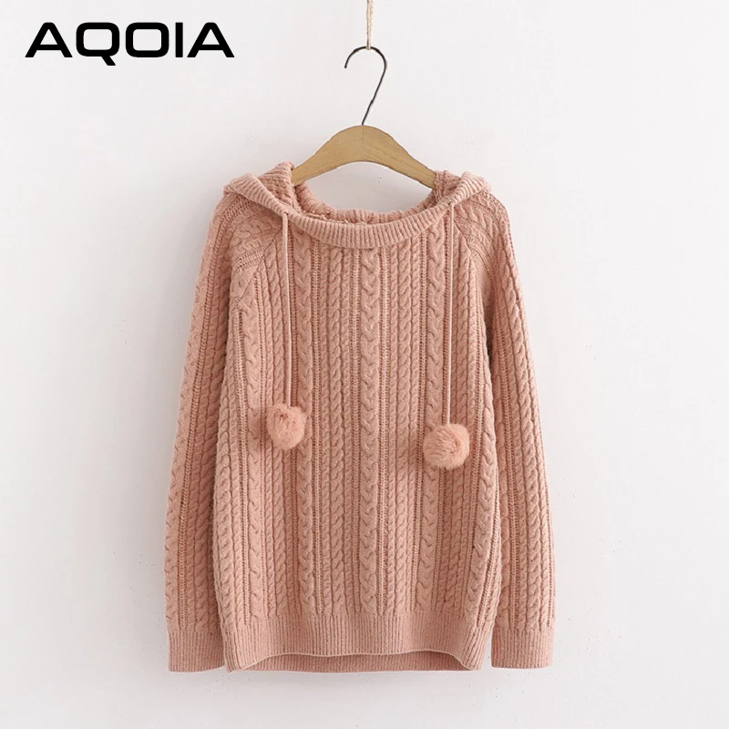 AQOIA элегантный вязаный женский свитер однотонный длинный рукав свободный теплый