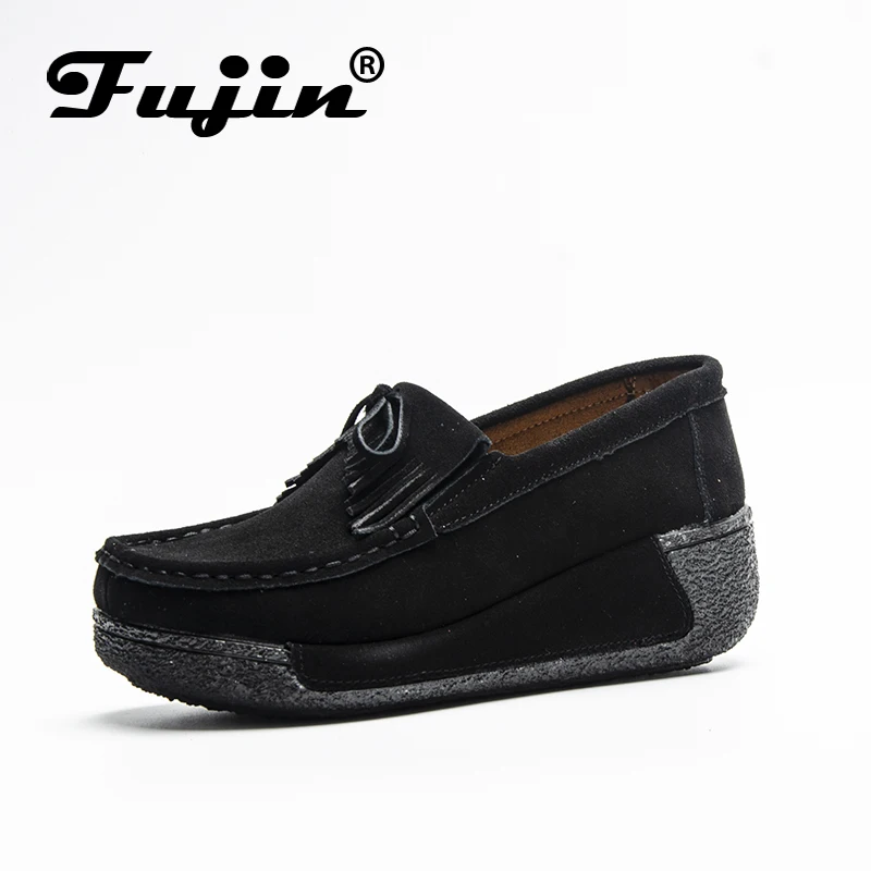 Fujin/брендовые замшевые туфли на плоской платформе для женщин Лоферы толстой