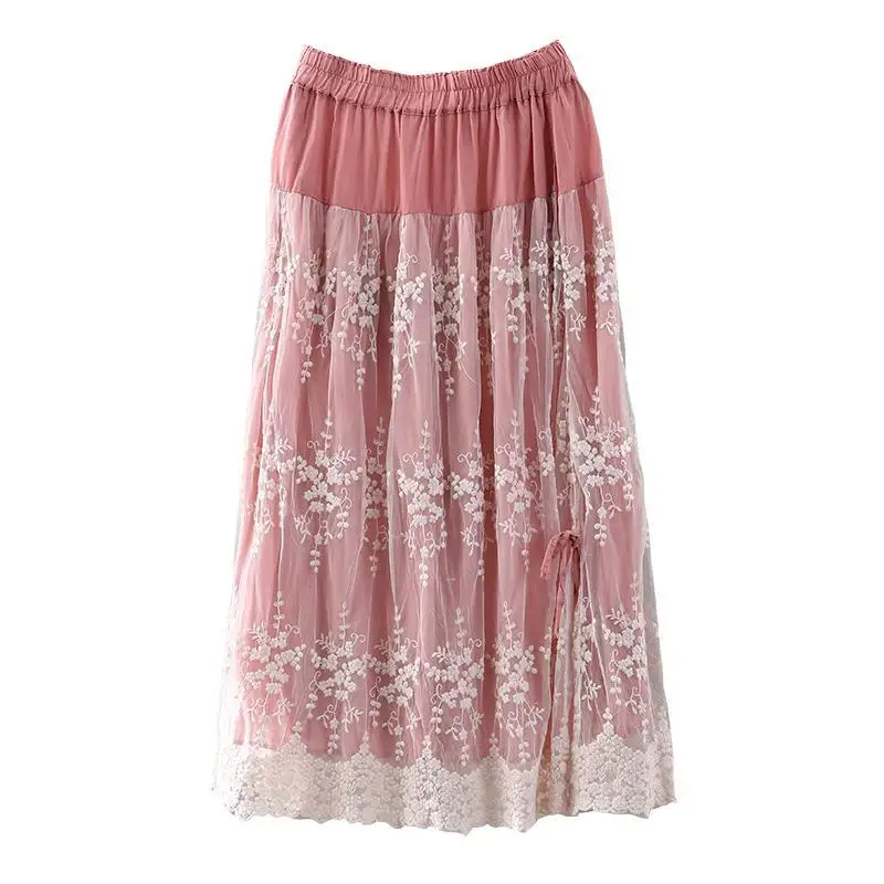 

Literature Art Retro Hollow Mesh Stitching Skirt Female Summer New Loose Cotton Linen A-Line Mid-Length Skirt