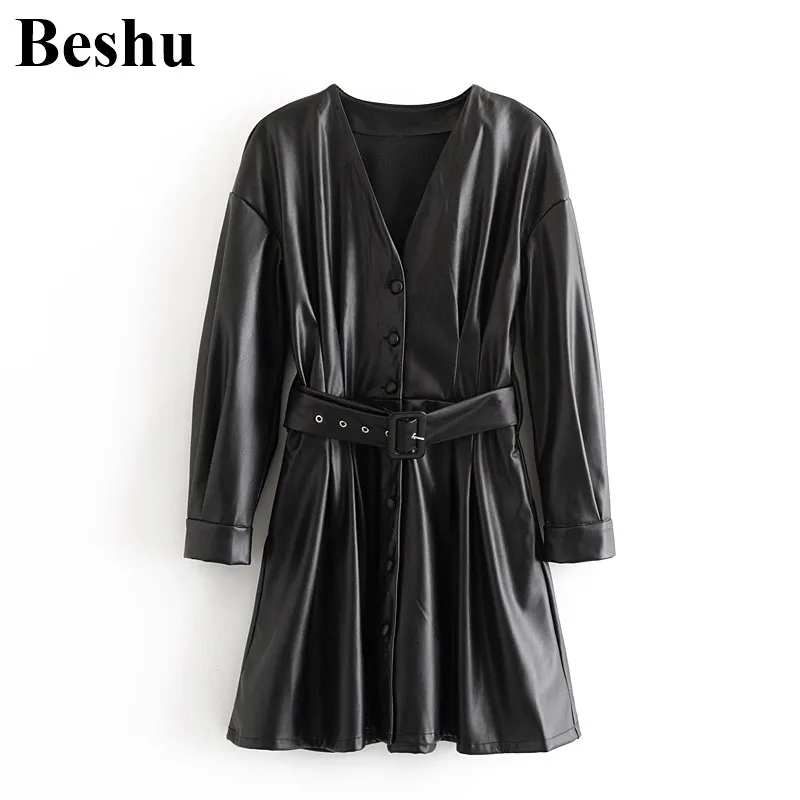 Za 2020 модное Мини платье женское винтажное черное из искусственной кожи с v