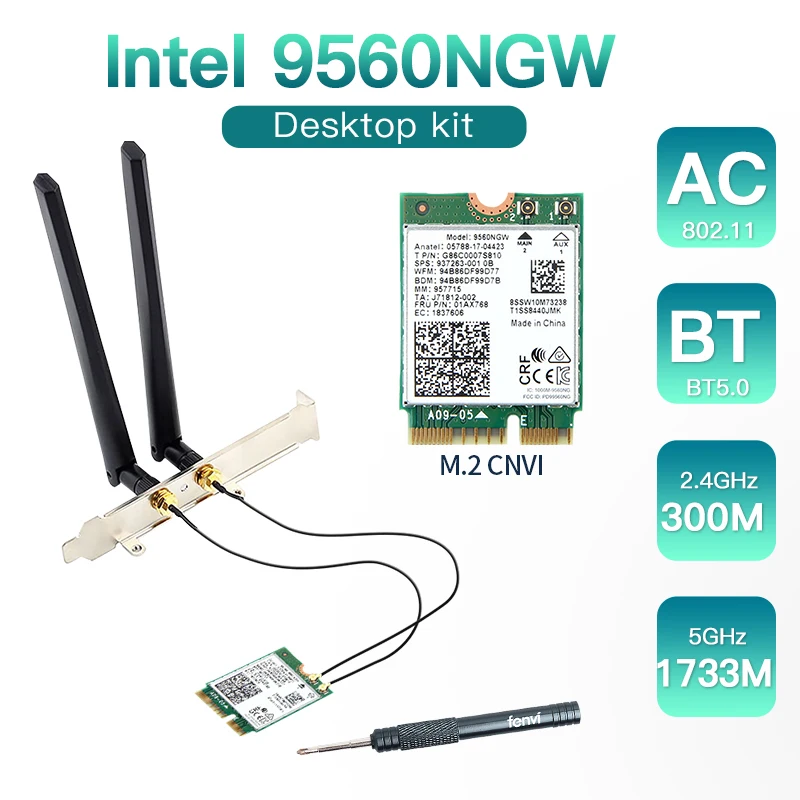 2030Mbps Intel 9560 Dual Band 2.4G/5Ghz Wireless Desktop Kit Bluetooth5.0 802.11AC M.2 CNVI Intel 9560NGW Wifi Card Antenna Set
