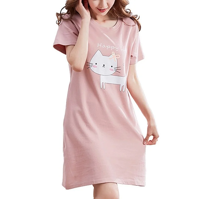 

On Sale Womens Print Breathable Short Sleeve Shift Dress Pajamas Round Neck Cute GD Summer Plus Size Nightgowns Knee-Length