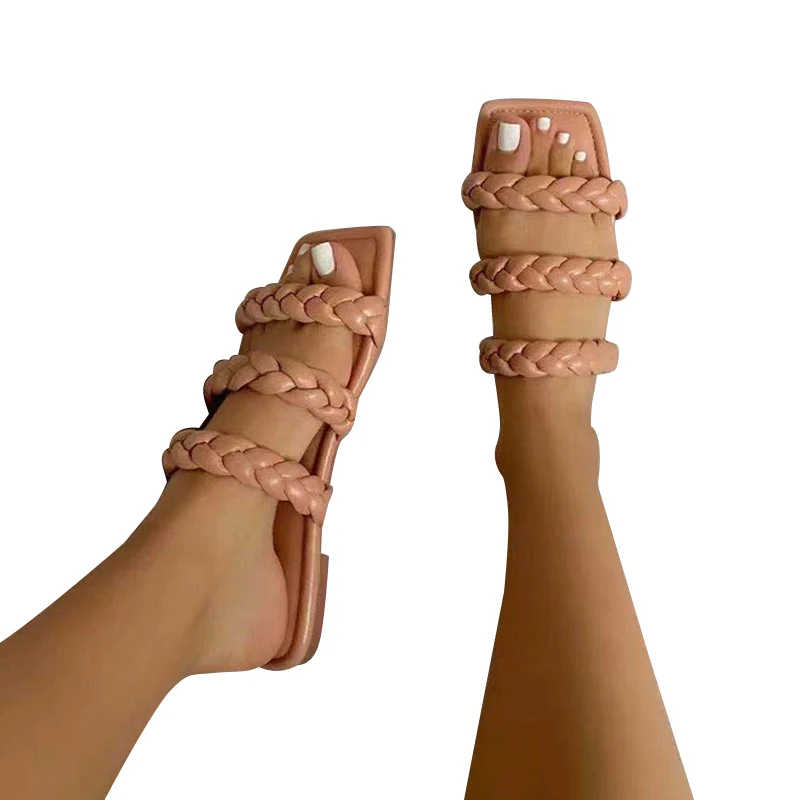 

Women's Summer Slippers Fashion Ladies Weaving Shoes Plus Size PU Women Flat Shoes Indoor Slipper Ligth Female Footwear 2021