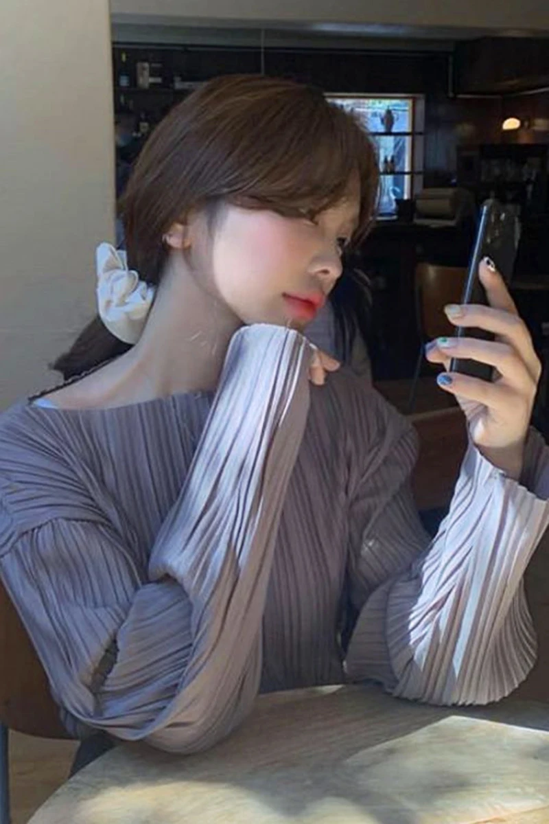 

New Slash Collar Long Sleeve Pleated Irregular Stretch Shirt Korean Women All-matched Blouse Top