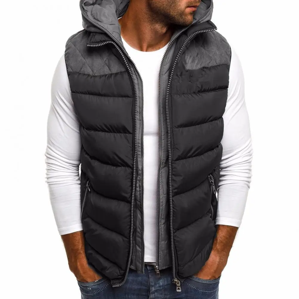

Winter Vest Double Zipper Fake Two Pieces Anti-freeze Color Contrast Hooded Jacket Vest Coat for Outdoor