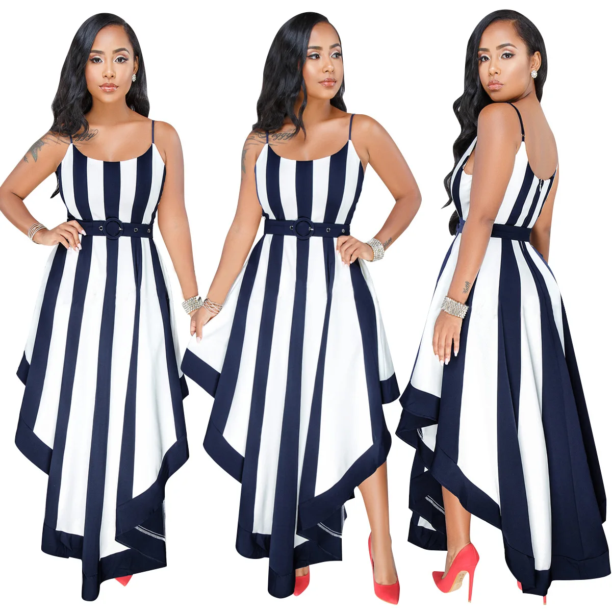 Женское летнее платье в полоску асимметричное с открытой спиной и качели модная