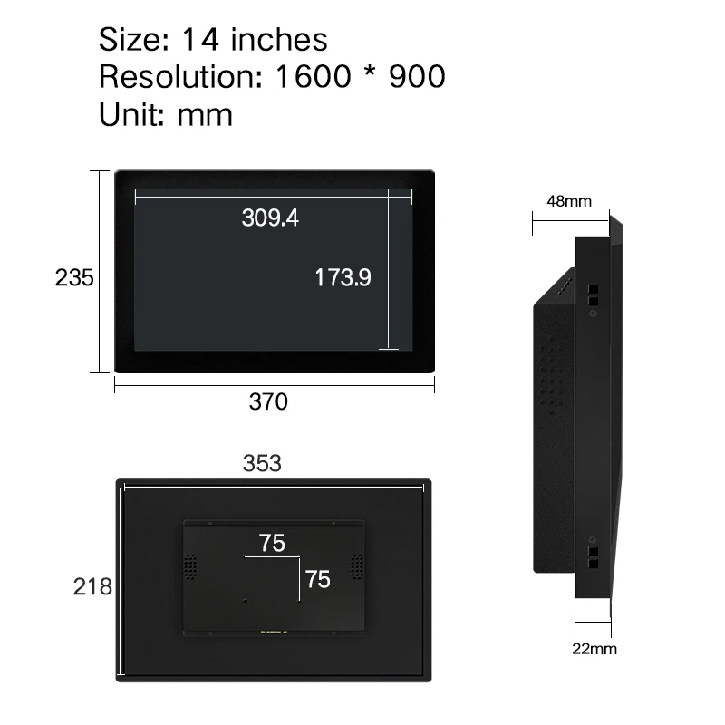 

14 Inch Monitor Industrial control Display Desktop Screen VGA HDMI DVI TV Buckles Mounting 1600*900 Not Touch Screen
