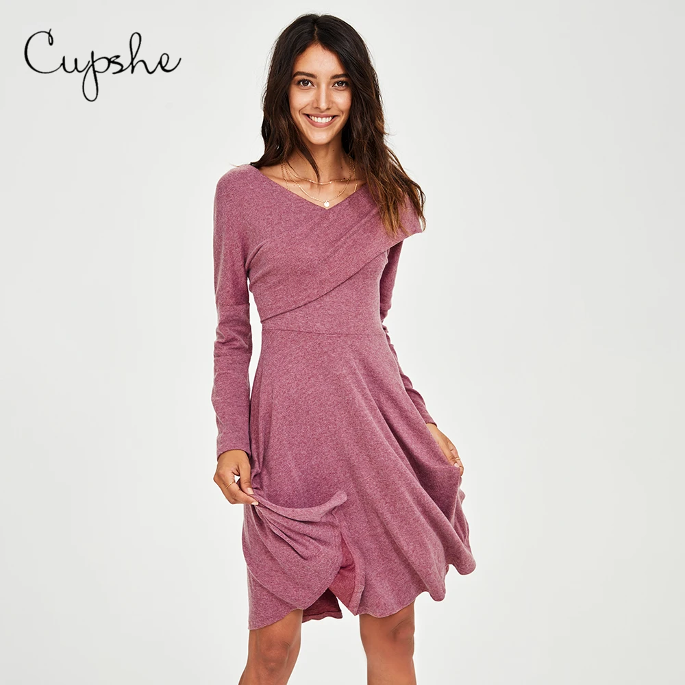 Женское однотонное розовое платье трапеция CUPSHE с V образным вырезом и длинным