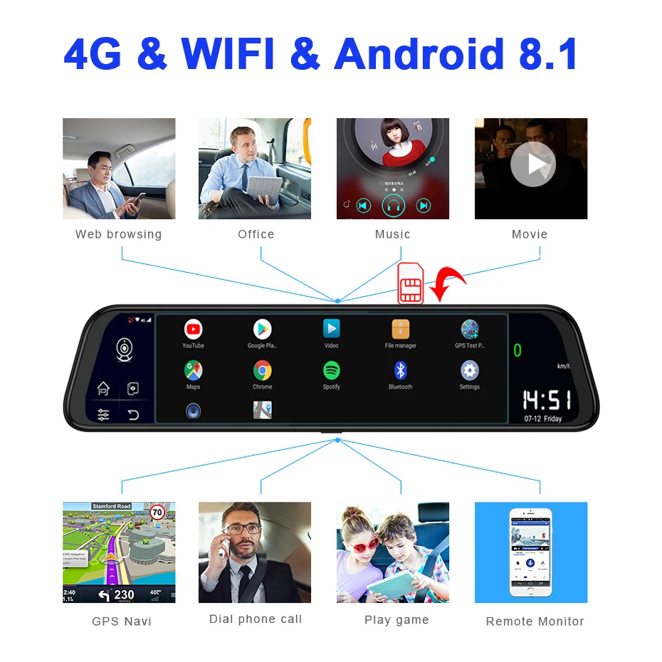 Зеркало заднего вида WHEXUNE 12 дюймов 4G ADAS Android 8 1 FHD 1080P видеорегистратор с двумя