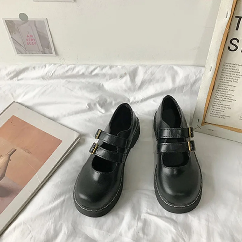 Новинка 2020 японские туфли на плоской подошве с круглым носком и пряжкой модные