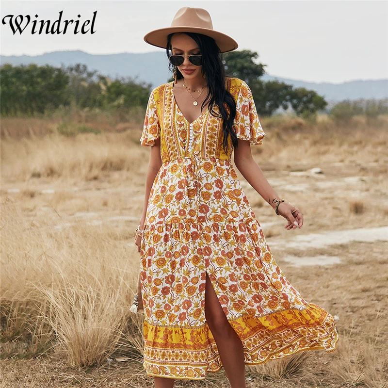 

Boho Цветочный принт женское платье летнее платье с расклешенными рукавами Разделение шифоновые платья; Повседневное пляжное женский длинны...