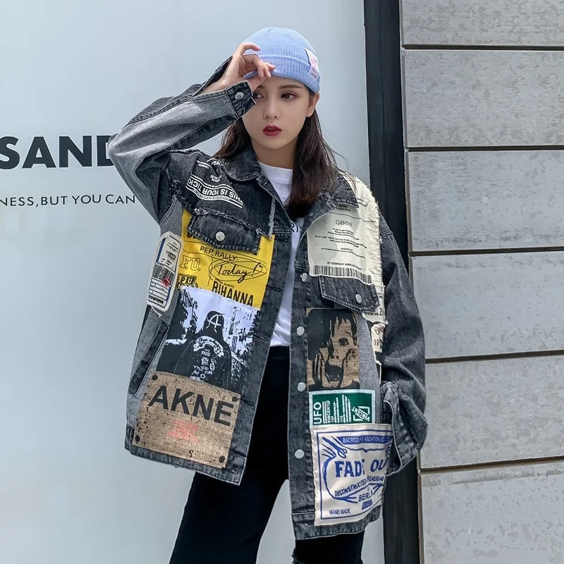 

Stitched Denim Jacket Women's 2020 spring and autumn loose short print BF Harajuku fashion couple's dress