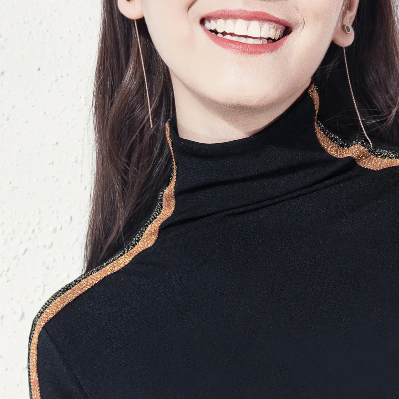 

High collar base shirt women's autumn and winter thin style with long sleeve new foreign style small shirt bright silk contrast