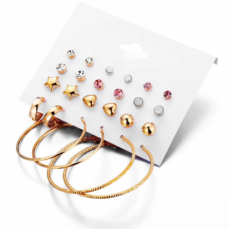 Набор из 12 штук серьги с кристаллами европейские и американские новые в стиле рок