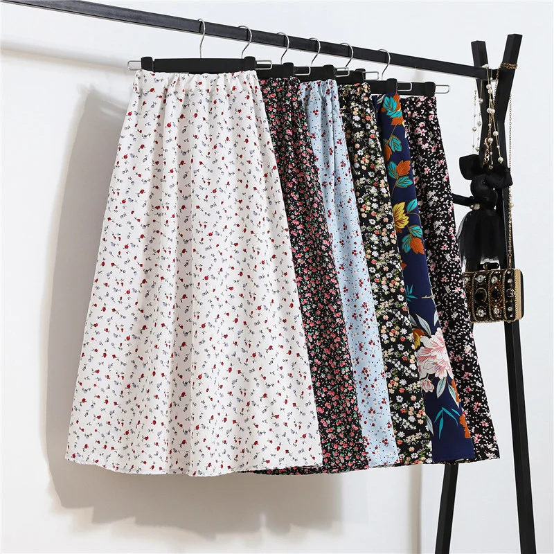 

Summer Skirts Womens 2021 Vintage Floral Print Chiffon A-Link Skirt Elastic High Waist Casual Midi Skirt Clothes Plus Size