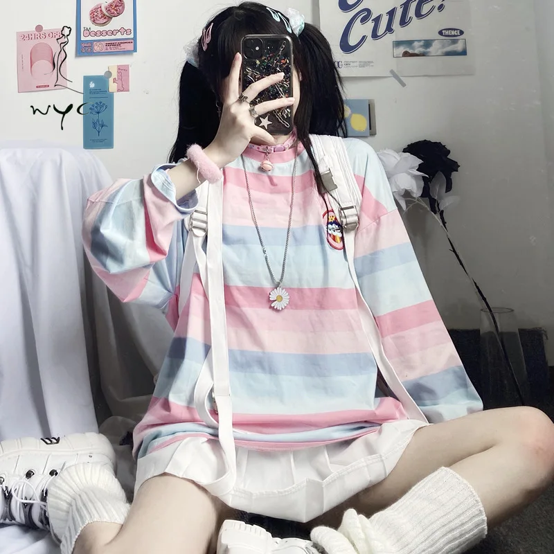 

Rainbow Stripe Bundfrakke Women Spring Autumn Summer New Long Sleeve Ins Loose T-shirts Female O-neck Casual Y2k Harajuku Tops