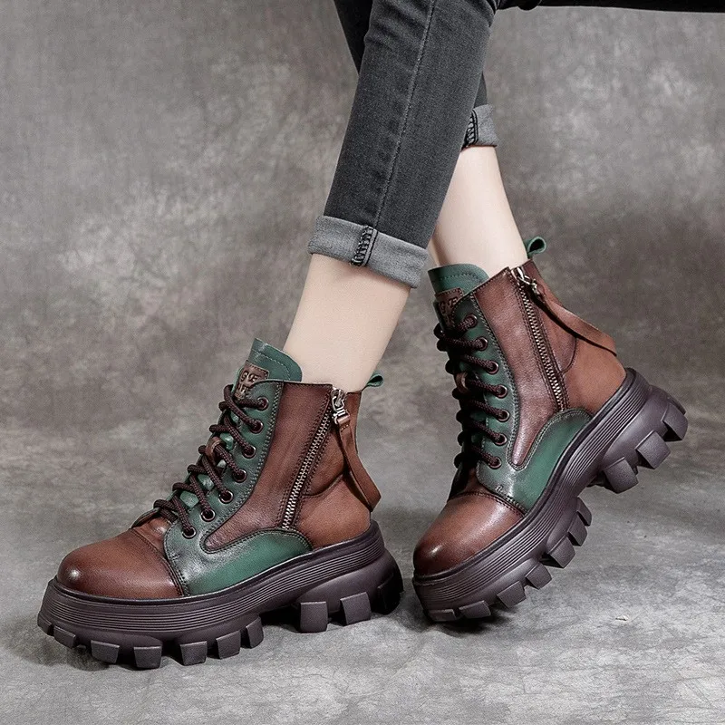 

Vintage Women Boots Genuine Leather Mixed Colors 2021 New Autumn Winter Zip Round Toe Retro Handmade Leisure Ankle Boots