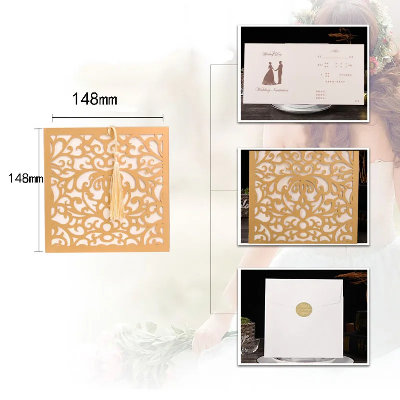 50 шт. лазерная резка свадебные приглашения квадратные Цветочные открытки