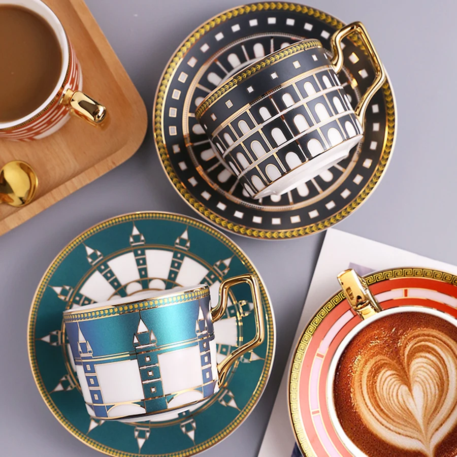 

Nordic Luxury Cup Creative Handmade High Quality Ceramic Saucer Spoon Set Coffee Gold Rim Cup Xicara Kitchen Drinkware DB60BD