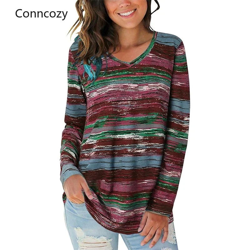 

Autumn Street Hipster Fashion Long-Sleeved T-Shirt Vintage Tie Dye Printed V-Neck Casual Loose T-Shirt Top Women's Clothing 2021
