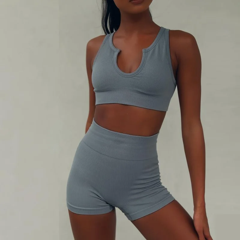 

The Women Seamless Knitted Gym Clothing has Two-Piece of Crop Top and Short Suitable for Yoga Sport and Leisure Women Sports Set