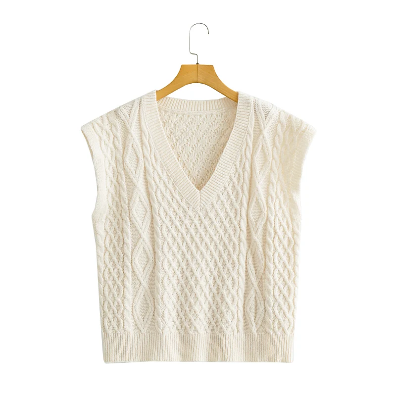 

MESTTRAF Women 2021 Fashion V-Neck Cable-Knit Vest Sweater Vintage Sleeveless Loose Vest Pullovers Streetwear