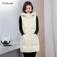 vielleicht 2021 solid hooded long vests women winter waistcoat fashion shiny coat women elegant glossy winter vest jacket female