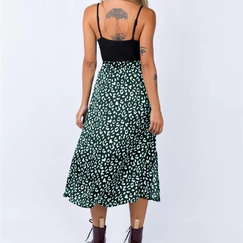 

2021 Sexy Leopard Skirt Print Chiffon Split Skirt Fashion Casual Mid-calf Skirts For Women Spring Summer Zipper Elegant Clothes