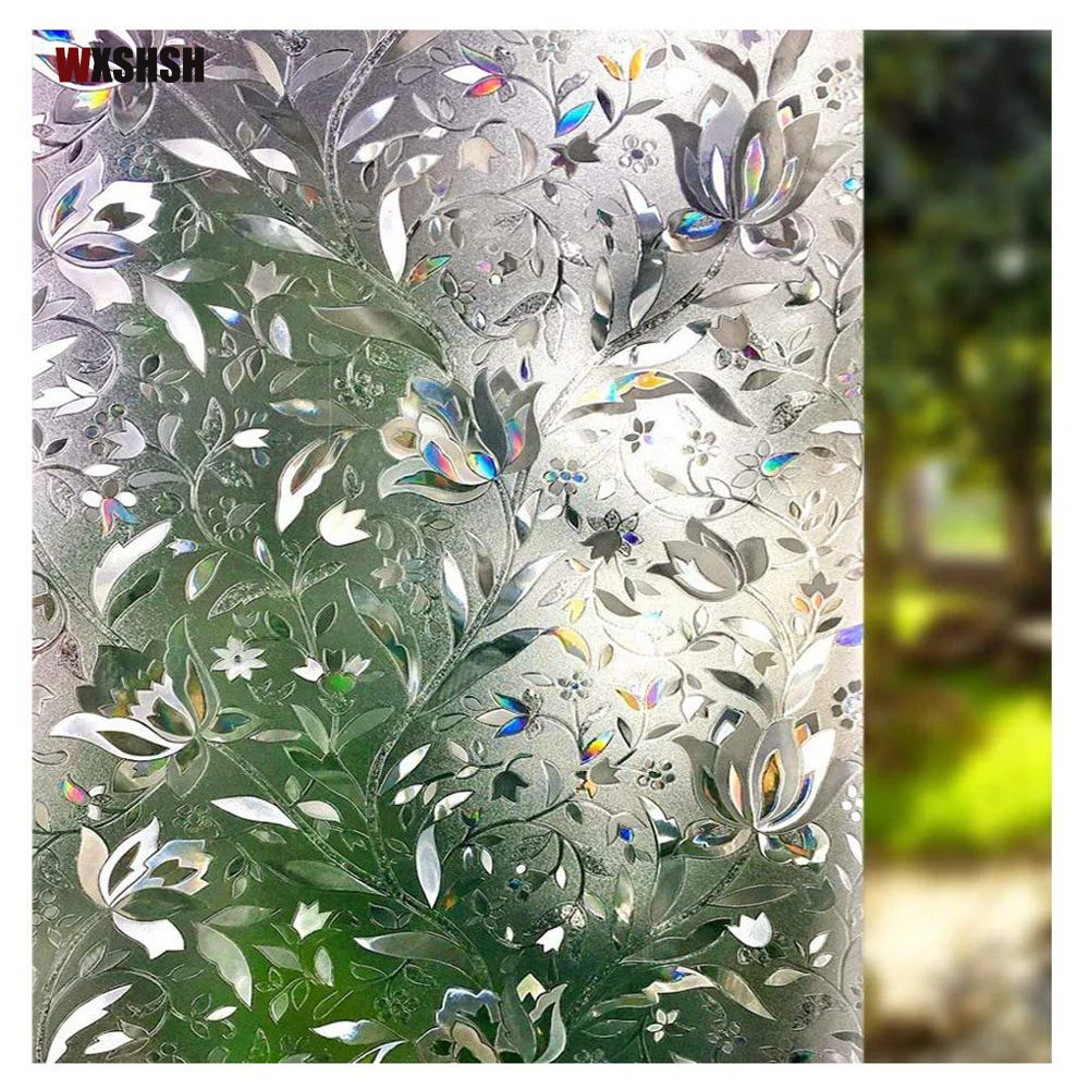 Película de vinilo láser 3D estática para ventana, pegatina de vidrio con reducción de brillo de flores florecientes para ventana, puerta, armario y mesa, 200cm de longitud