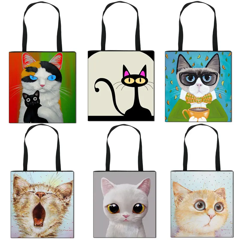 Сумка-тоут женская складная многоразовая мультяшный рисунок кошка голова шоппер