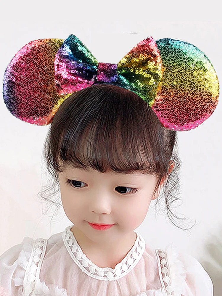 Повязка для волос с радужными блестками уши Минни-Маус Детская повязка бантом