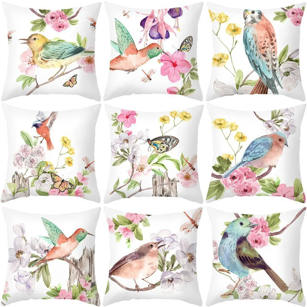 

Modern Cushion Cover Printed Super Soft Plush Lovely Birds Flower Sofa Pillowcase Skin-Friendly Throw Pillow Cover Home Decor