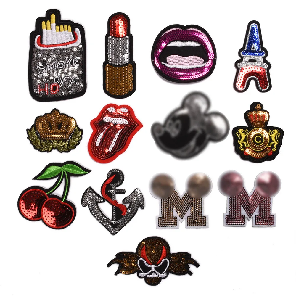 

Lip Sequin Cloth Patch Cherry Sequin Embroidered Cloth Stickers Crown Patch Skull Constellation Embroidery Badge