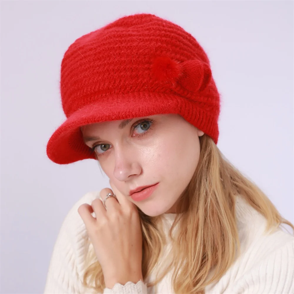 BEFORW Модный зимний теплый вязаный козырек шляпа для женщин Элегантный кроличья шерсть солнцезащитный козырек Повседневный берет - Color: Photo Color