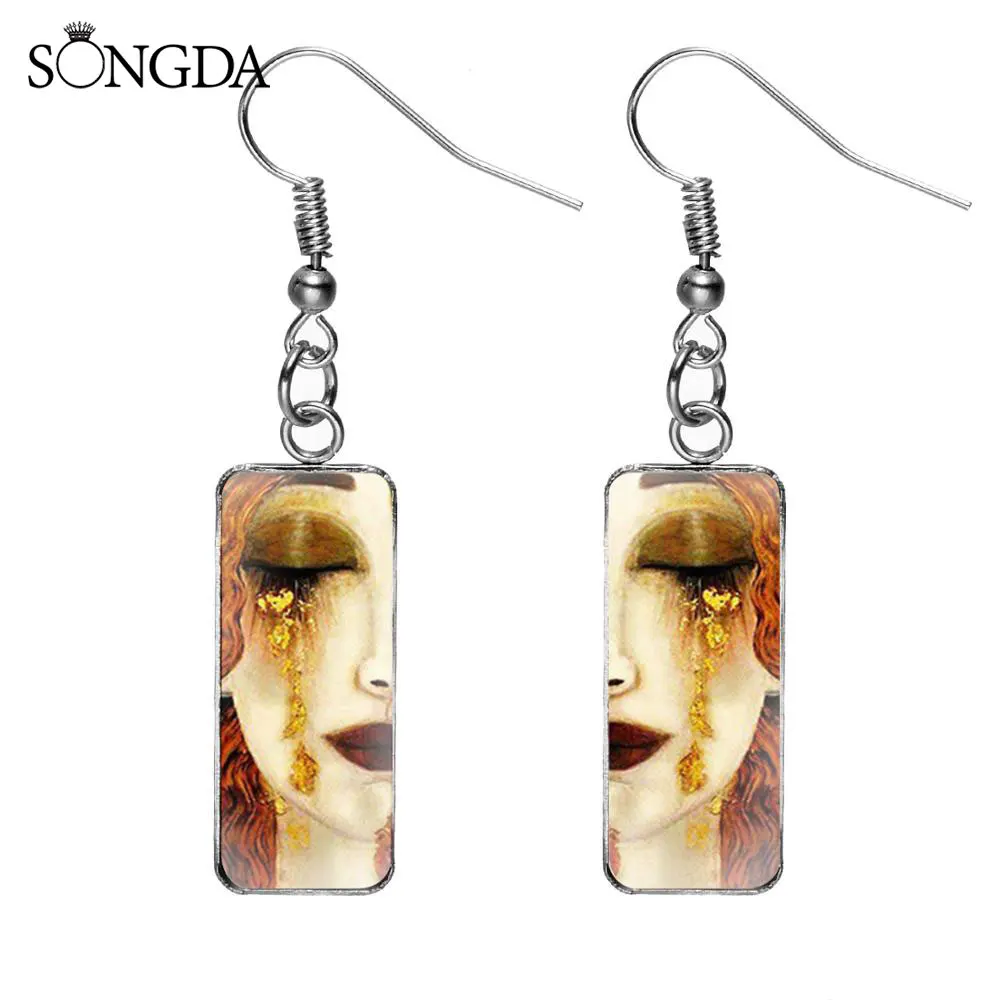 Классическая Густав Климт поцелуй TeardropRectangular серьги Золотые слезы Картина