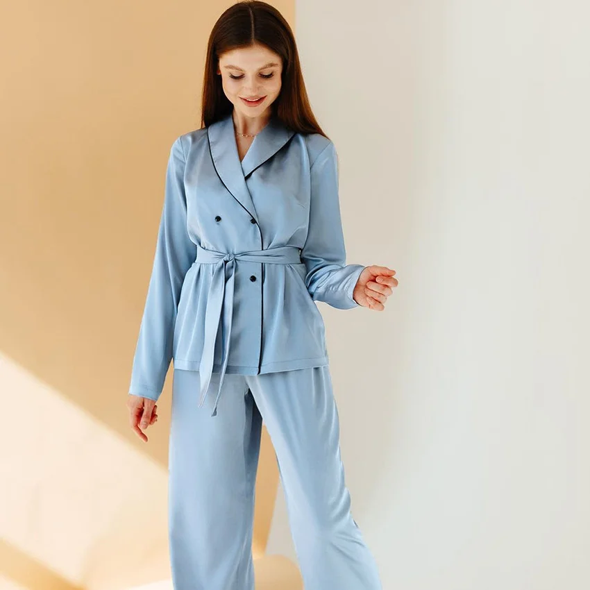 

Spring new style Lapel long sleeve Satin Pajama suit women's simple fashion trousers home clothes can be worn outside