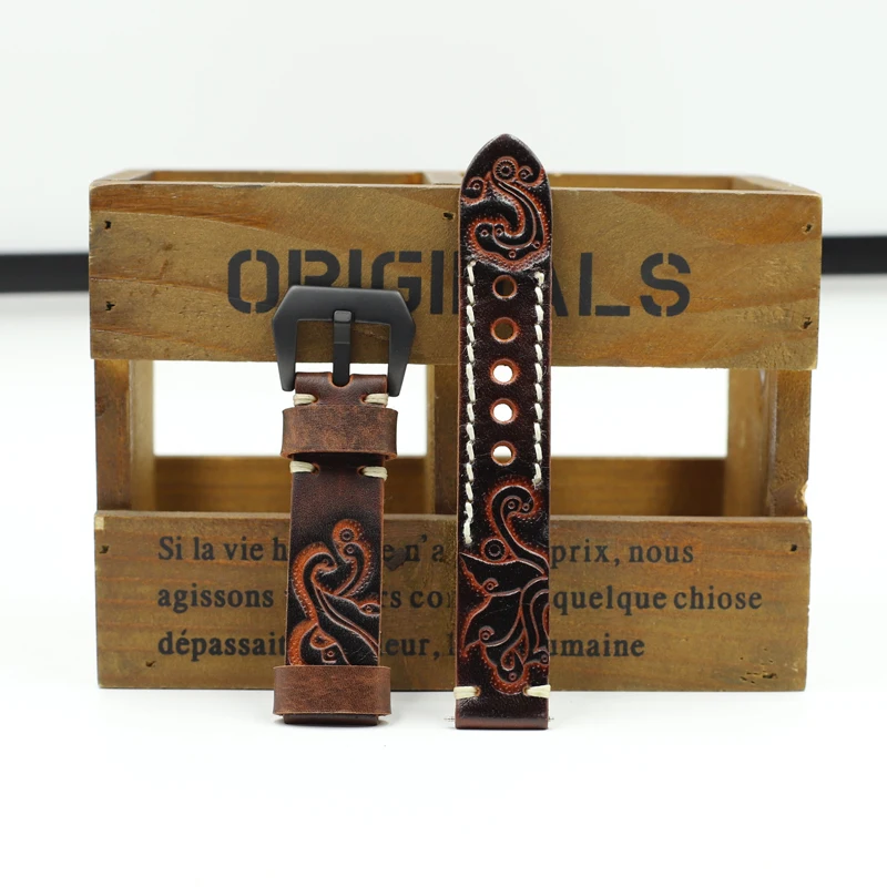 

Onthelevel Genuine Leather Carved Embossed Watch Strap 20mm 22mm 24mm Watch Band Handmade Vintage Watchband For Panerai #D