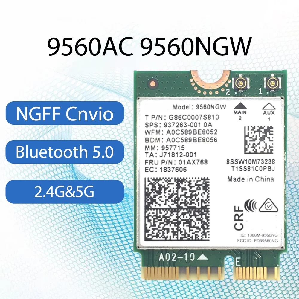 

9560AC 9560NGW NGFF Cnvio Wireless Network Card 1.73Gbps Dual Band 5G Bluetooth 5.0 MU-MIMO Internal Adapter Card