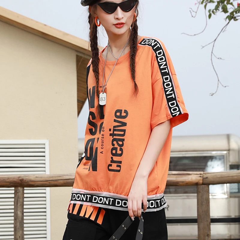 

Max LuLu Korean 2021 Summer Streetwear Women Printed Irregular Design Tee Ladies Patchwork Oversized Tshirts Punk Orange Tops
