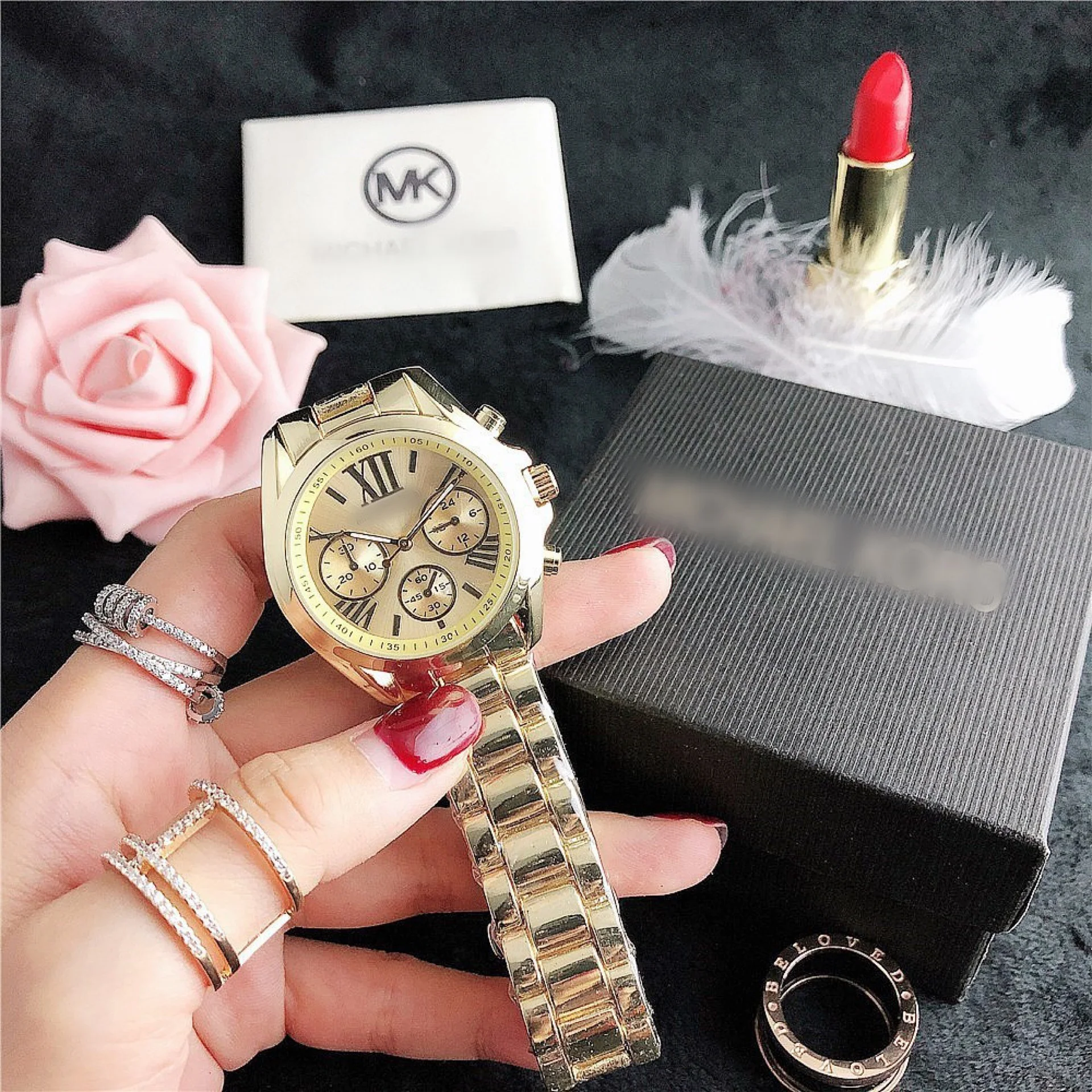

MK style watch non diamond watch stainless steel gold rose gold watch quartz watch roman letter caution with logo 6403