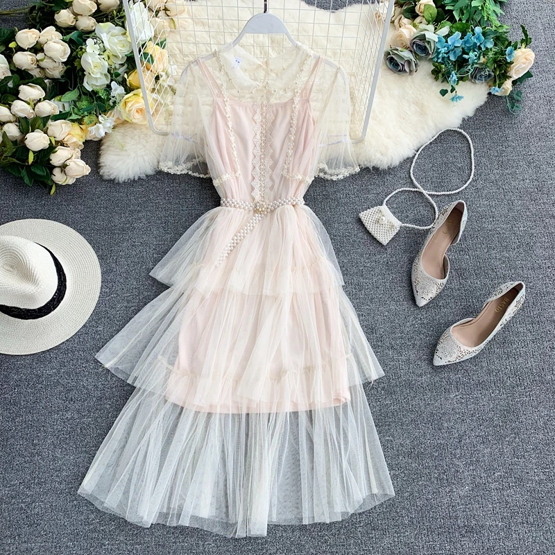 Little fairy design sense dress female summer doll collar beaded short-sleeved layered ruffled cake mesh | Женская одежда
